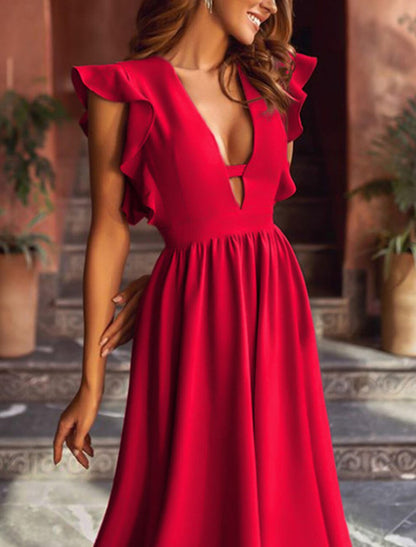 A-Line Princess Cute Wedding Guest Prom Dress V Neck Sleeveless Tea Length Stretch Fabric with Ruffles Pure Color