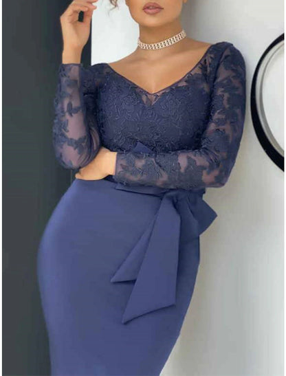 Mermaid / Trumpet Mother of the Bride Dress Wedding Guest Elegant Sexy V Neck Floor Length Lace Stretch Chiffon Long Sleeve with Bow(s) Appliques Fall