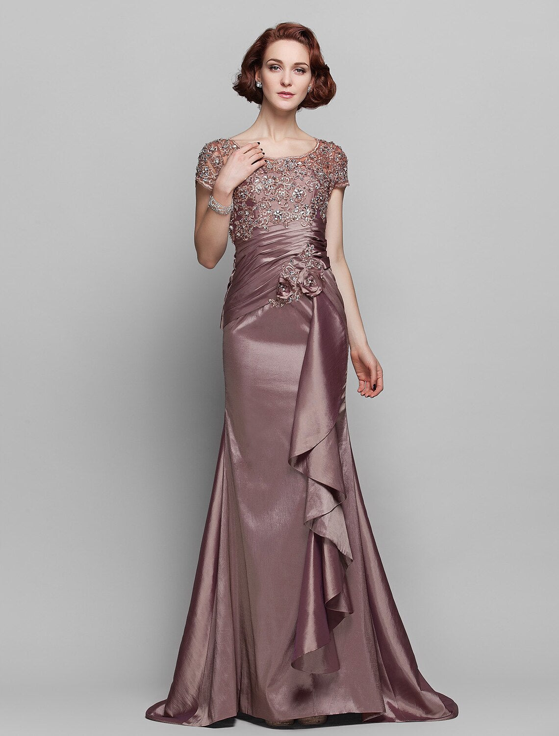 Mermaid / Trumpet Mother of the Bride Dress See Through Scoop Neck Sweep / Brush Train Taffeta Beaded Lace Short Sleeve with Flower