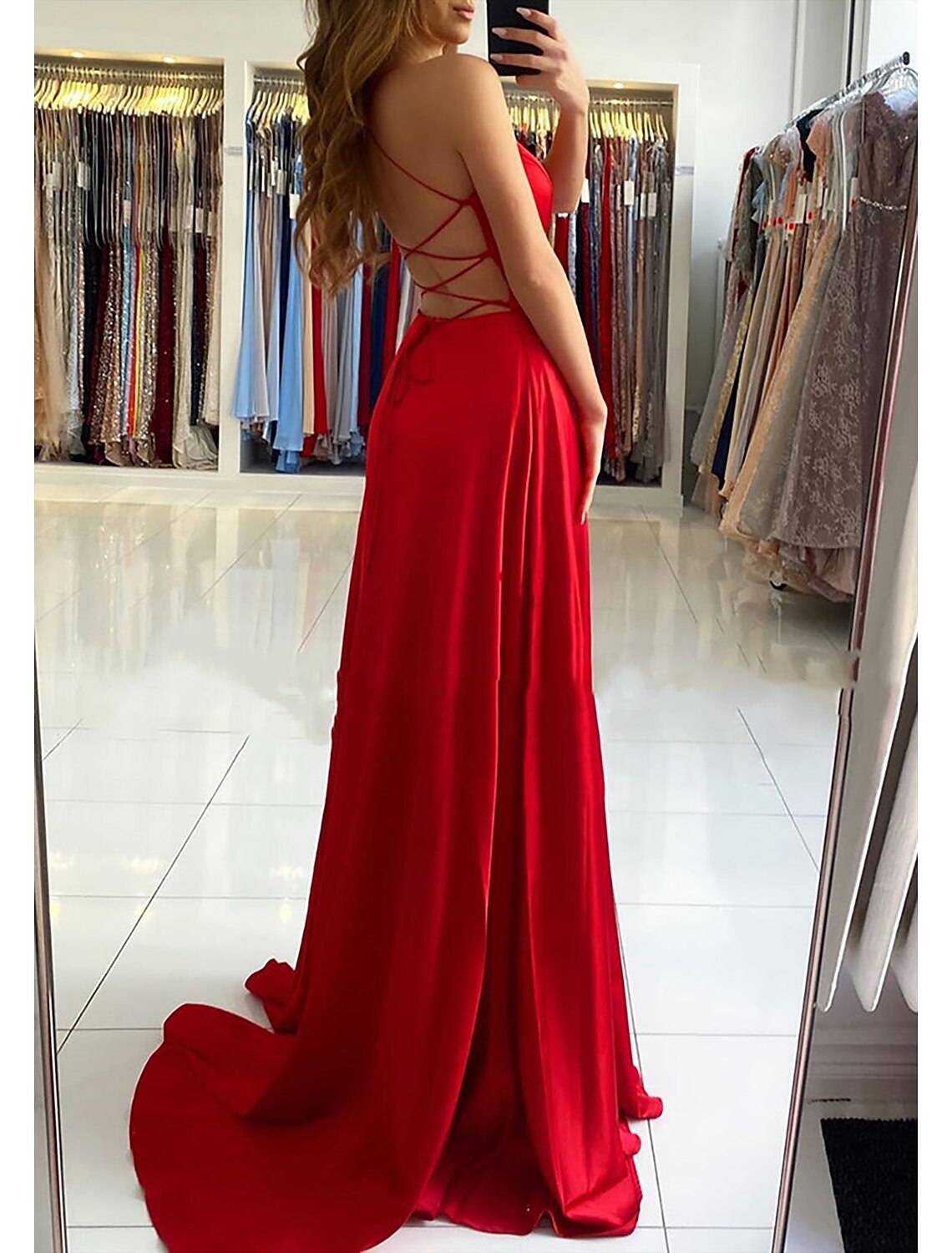A-Line Prom Dresses Empire Dress Formal Prom Sweep / Brush Train Sleeveless V Neck Imitation Silk Backless with Pleats Slit