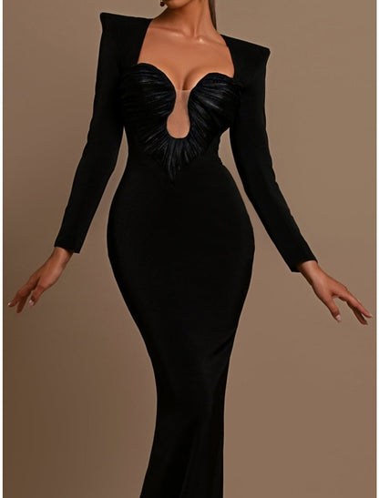Sheath / Column Evening Gown Elegant Dress Formal Sweep / Brush Black Dress Train Long Sleeve Sweetheart Stretch Fabric with Ruched