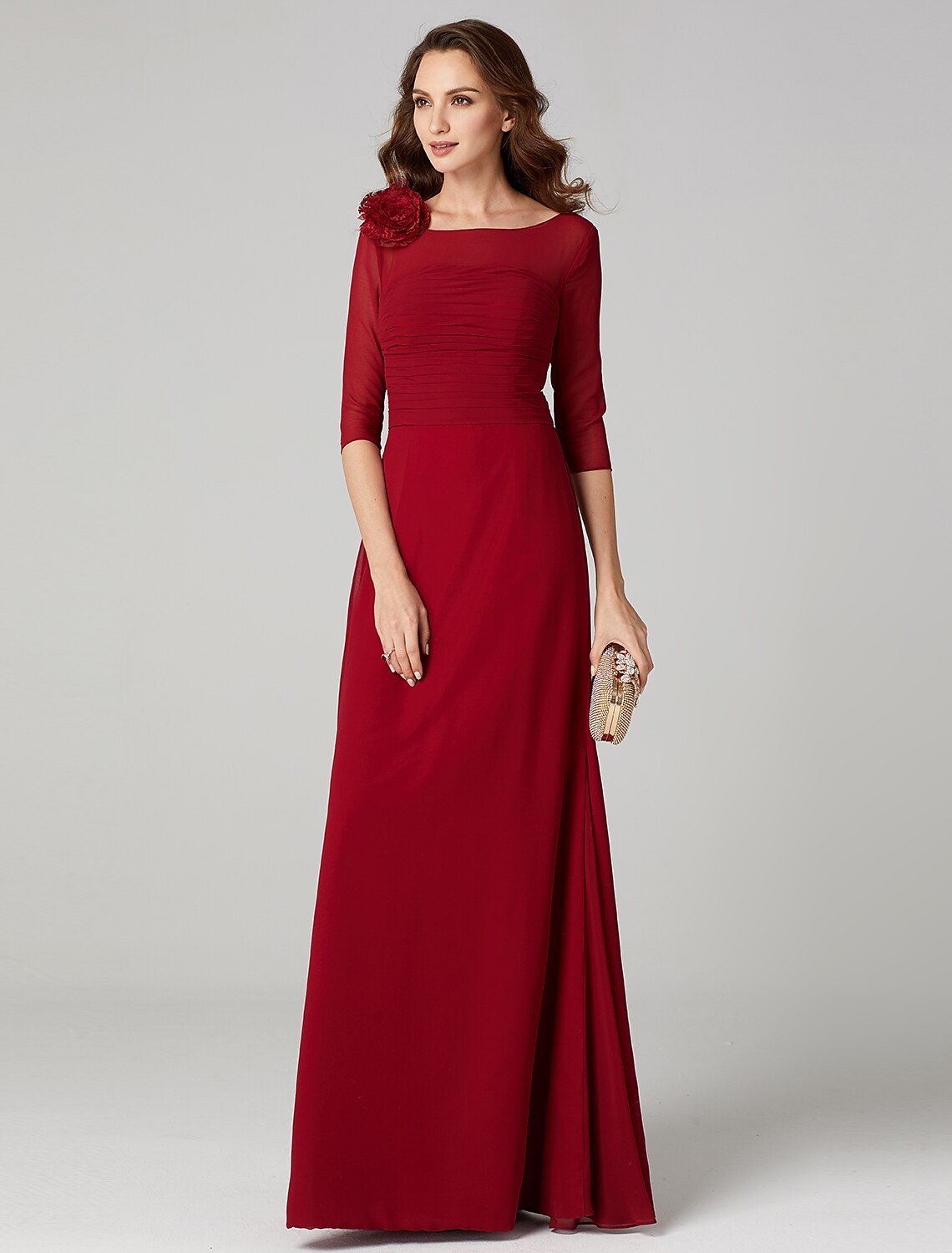 Sheath / Column Keyhole Dress Holiday Wedding Guest Floor Length 3/4 Length Sleeve Bateau Neck Charmeuse with Ruched Flower