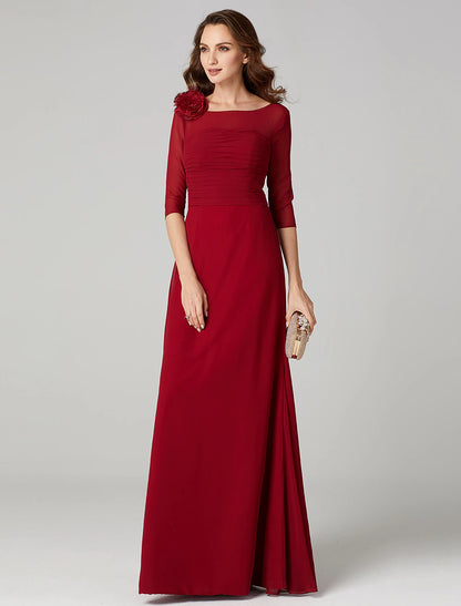Sheath / Column Keyhole Dress Holiday Floor Length 3/4 Length Sleeve Bateau Neck Charmeuse with Ruched Flower