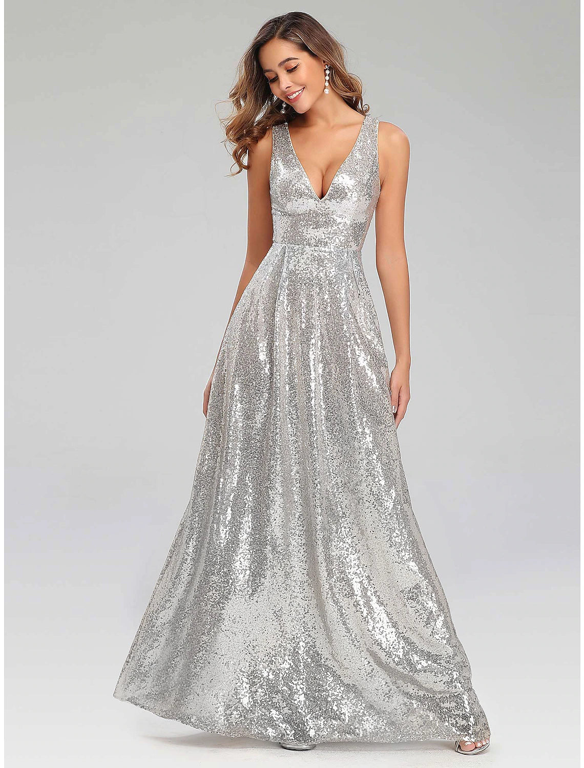 A-Line Prom Dresses Sparkle Dress Wedding Guest Engagement Floor Length Sleeveless V Neck Polyester V Back with SequinA-Line Prom Dresses Sparkle Dress Wedding Guest Engagement Floor Length Sleeveless V Neck Polyester V Back with Sequin