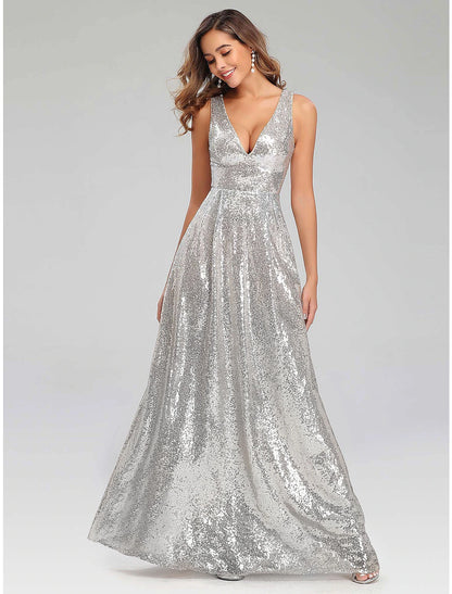 A-Line Prom Dresses Sparkle Dress Wedding Guest Engagement Floor Length Sleeveless V Neck Polyester V Back with SequinA-Line Prom Dresses Sparkle Dress Wedding Guest Engagement Floor Length Sleeveless V Neck Polyester V Back with Sequin