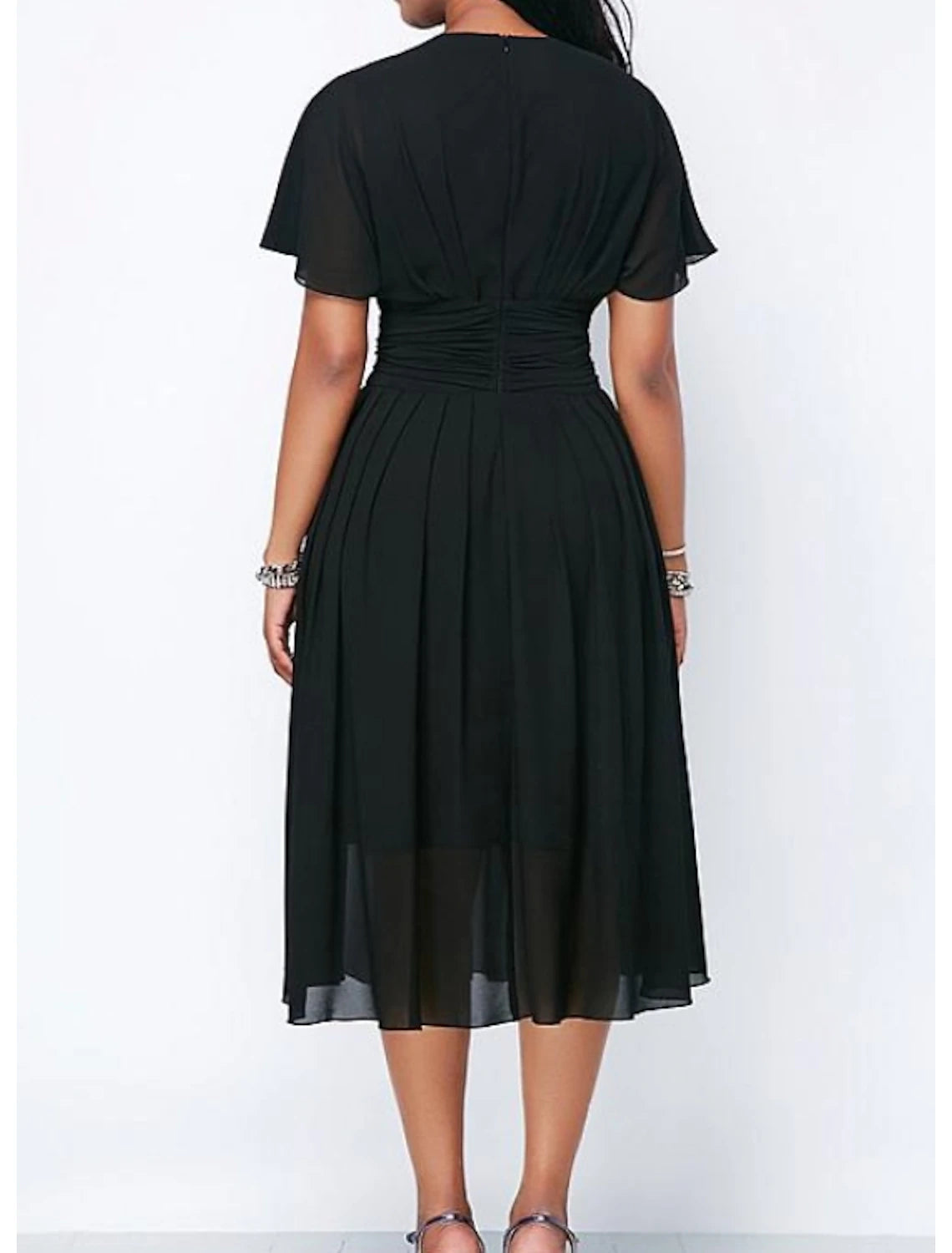 A-Line Mother of the Bride Dress Elegant V Neck Tea Length Chiffon Satin Short Sleeve with Sash / Ribbon Pleats