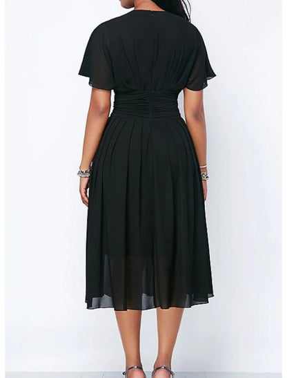 A-Line Mother of the Bride Dress Elegant V Neck Tea Length Chiffon Satin Short Sleeve with Sash / Ribbon Pleats