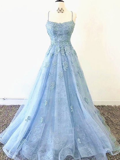 A-Line/Princess Tulle Applique Spaghetti Straps Sleeveless Sweep/Brush Train Dresses