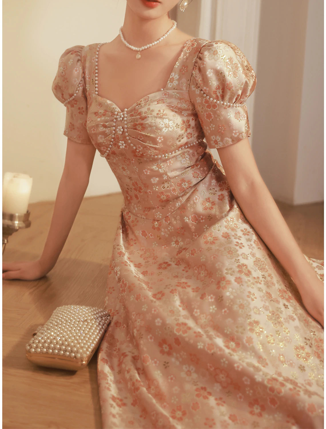 A-Line Prom Dresses Sparkle & Shine Dress Engagement Prom Floor Length Short Sleeve Scoop Neck Satin with Ruched Pearls