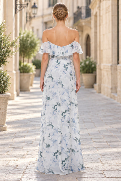 Off Shoulder Blue Green Floral Chiffon Slit Evening Dress