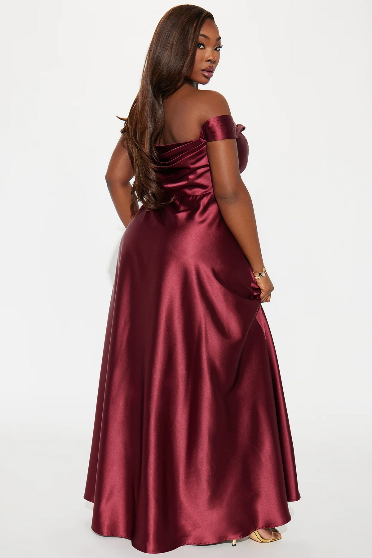 off shoulder satin drape slit a line plus size prom evening dress