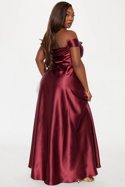 off shoulder satin drape slit a line plus size prom evening dress