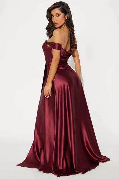 off shoulder satin drape slit a line plus size prom evening dress