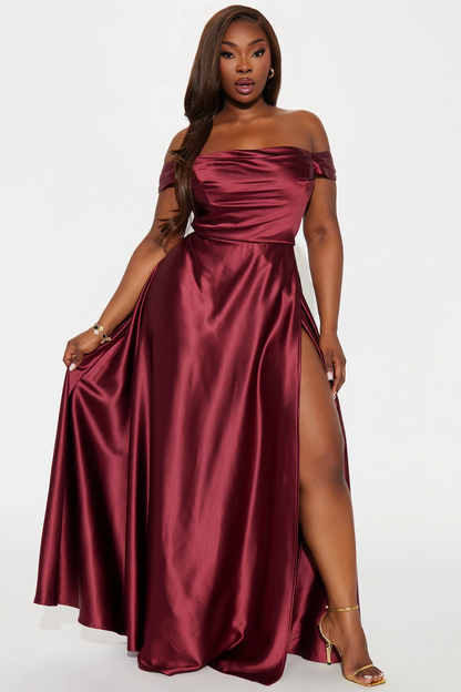 off shoulder satin drape slit a line plus size prom evening dress