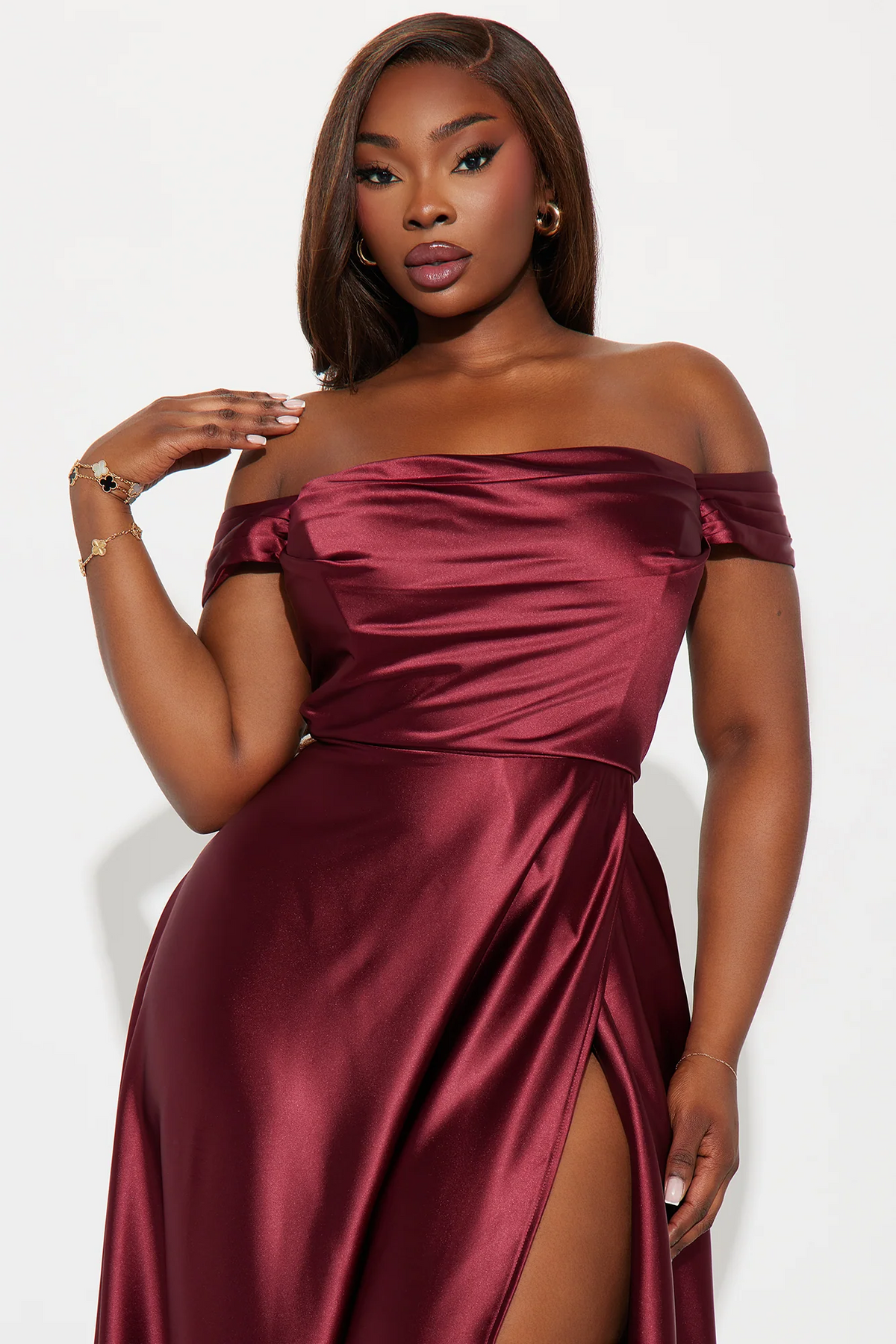 off shoulder satin drape slit a line plus size prom evening dress