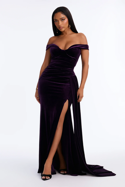 off shoulder velvet side sash slit mermaid plus size prom evening dress
