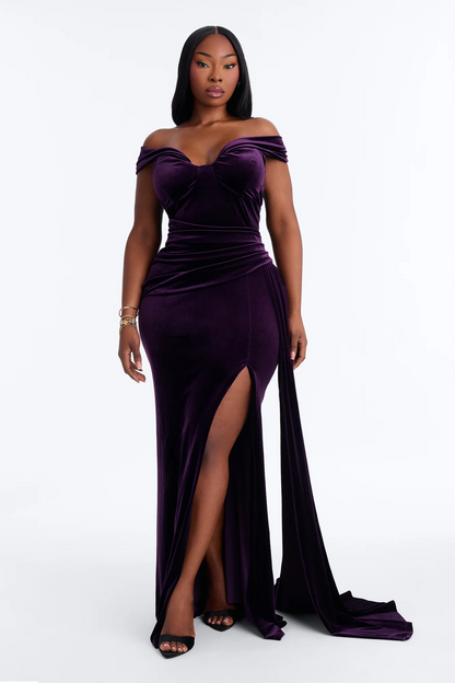 off shoulder velvet side sash slit mermaid plus size prom evening dress