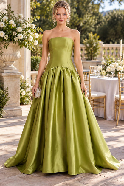 Olive Green Strapless Satin A-Line Evening Dress Formal Wedding Guest Gown