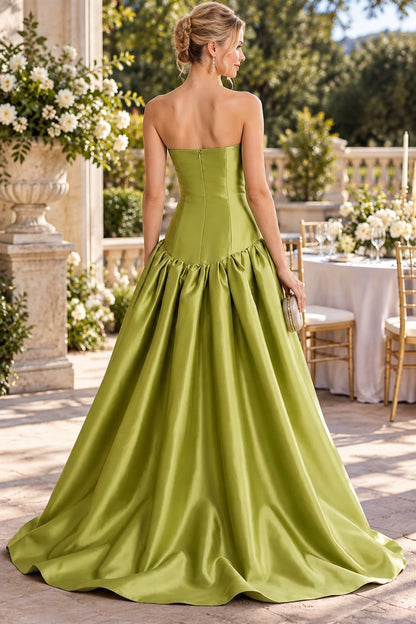 Olive Green Strapless Satin A-Line Evening Dress Formal Wedding Guest Gown
