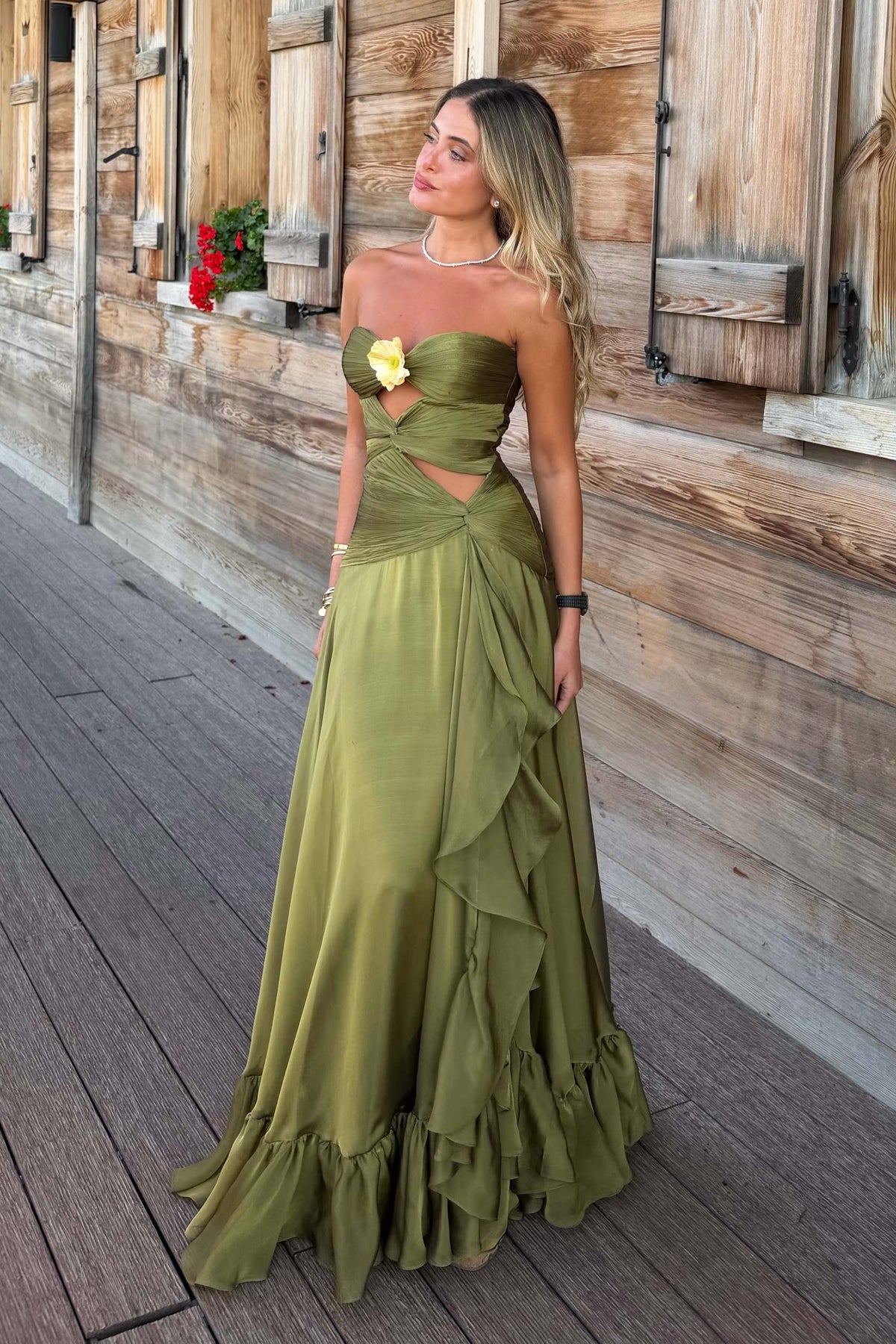 Olive A-line Strapless Sleeveless Zip-Back Floor-Length Bridesmaid Prom Gown
