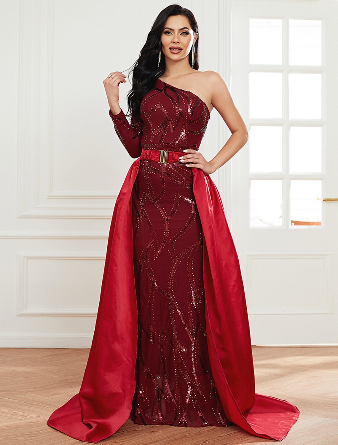 Mermaid / Trumpet Evening Gown Vintage Dress Formal Wedding Guest Court Train Long Sleeve One Shoulder Polyester with SequinMermaid / Trumpet Evening Gown Vintage Dress Formal Wedding Guest Court Train Long Sleeve One Shoulder Polyester with Sequin