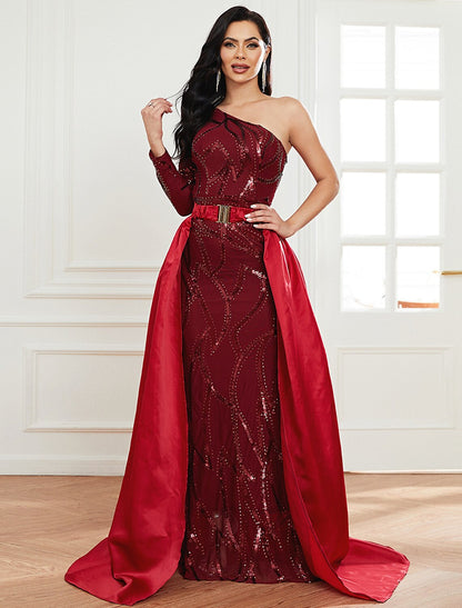 Mermaid / Trumpet Evening Gown Vintage Dress Formal Wedding Guest Court Train Long Sleeve One Shoulder Polyester with SequinMermaid / Trumpet Evening Gown Vintage Dress Formal Wedding Guest Court Train Long Sleeve One Shoulder Polyester with Sequin