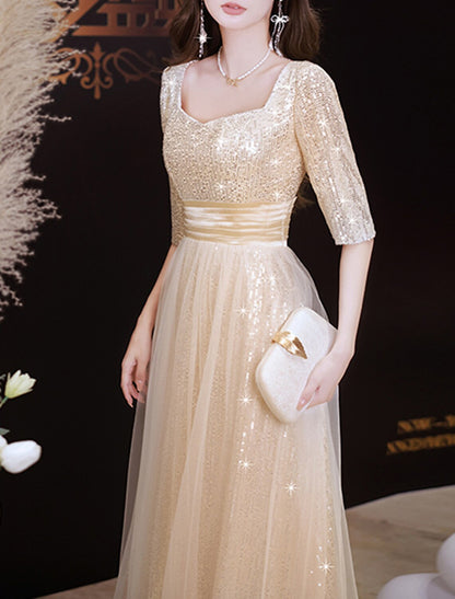 A-Line Prom Dresses Sparkle & Shine Dress Prom Birthday Floor Length Half Sleeve Scoop Neck Lace with Glitter