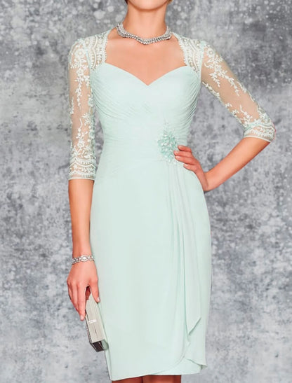 Two Piece Sheath / Column Mother of the Bride Dress Wedding Guest Church Plus Size Elegant Sweetheart Knee Length Chiffon Lace 3/4 Length Sleeve Wrap Included Jacket Dresses with Pleats Embroidery