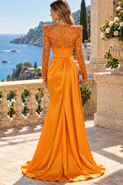 Orange A Line V Neck Sequin Long Sleeve Floor Evening Dresses