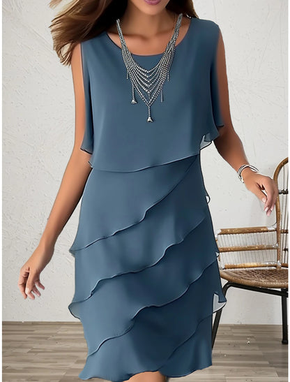 Party Dress Cocktail Dress Wedding Guest Dress Midi Dress Blue Sleeveless Pure Color Ruffle Summer Spring Fall Crew Neck Fashion Wedding Guest Summer Dress