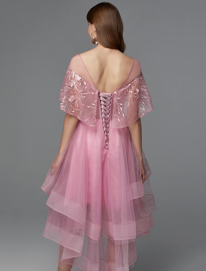 A-Line Elegant Dress Holiday Wedding Guest Asymmetrical Sleeveless Illusion Neck Lace Tie Back with Lace Insert