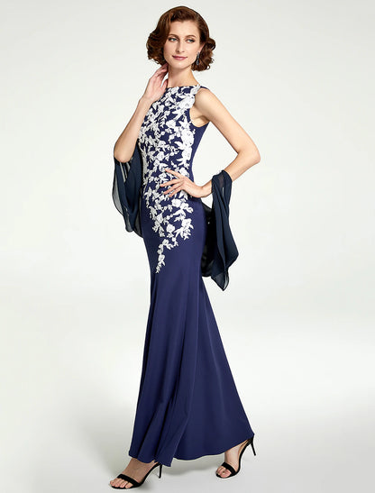 Mermaid / Trumpet Mother of the Bride Dress Jewel Neck Floor Length Chiffon Lace Sleeveless with Lace