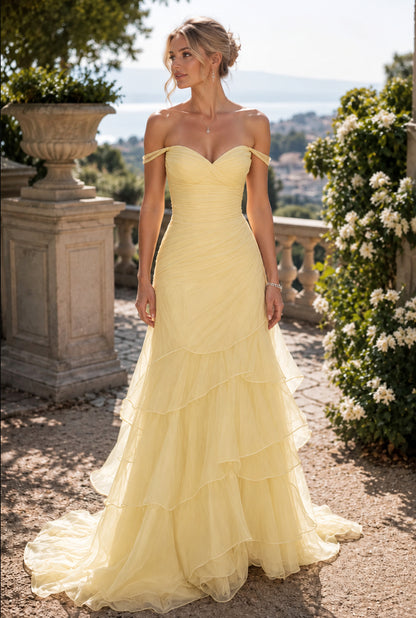 Pale Yellow Off The Shoulder Tiered Tulle Evening Dress