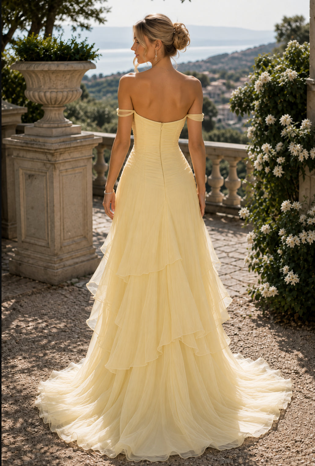 Pale Yellow Off The Shoulder Tiered Tulle Evening Dress