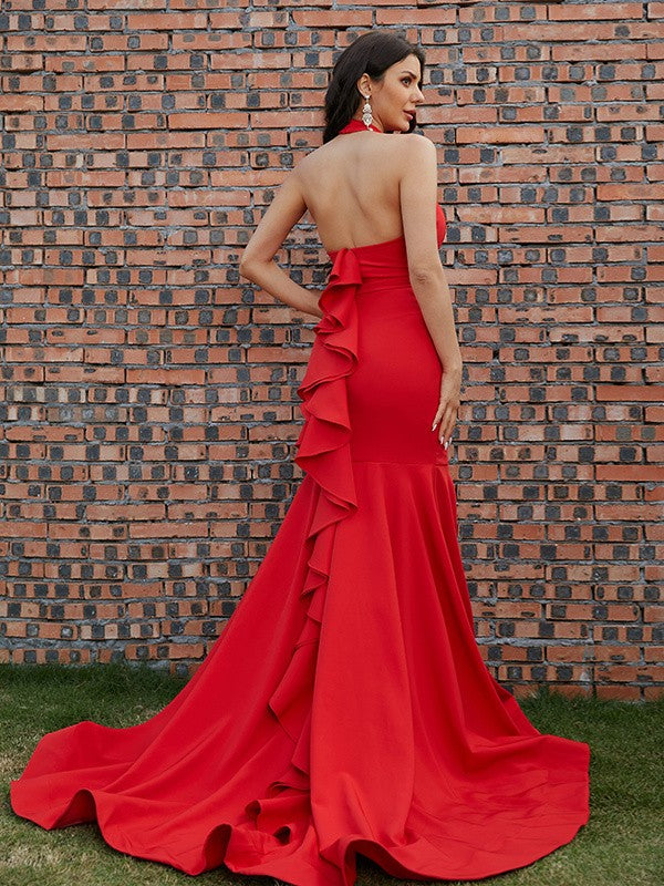 Trumpet/Mermaid Stretch Crepe Ruffles Halter Sleeveless Sweep/Brush Train Dresses