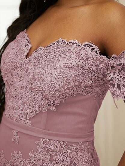 Sheath/Column Tulle Applique Off-the-Shoulder Sleeveless Sweep/Brush Train Dresses