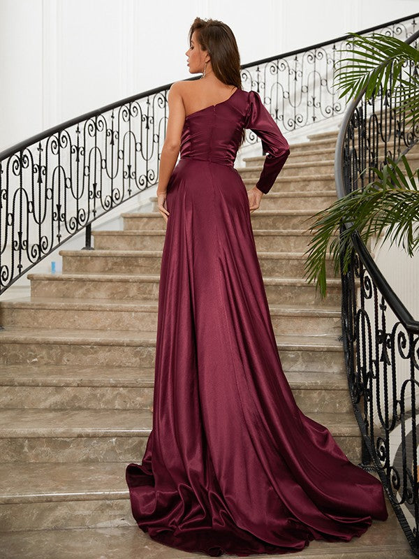 elastic woven satin dresses Evening Dress Sheath Bateau Neck Elastic Woven Satin With Train Split Front Formal Party Dresses