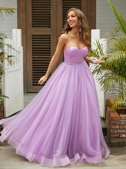 A-Line/Princess Tulle Ruffles Sweetheart Sleeveless Floor-Length Dresses
