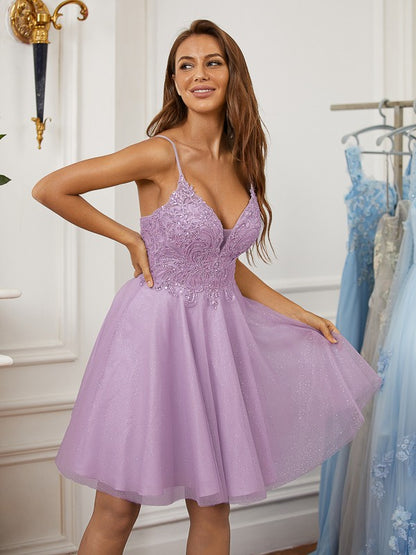 A-Line/Princess Lace V-neck Sleeveless Short/Mini Dresses