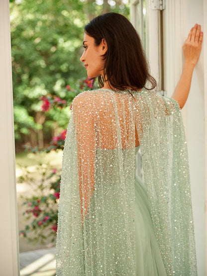 A-Line/Princess Tulle Ruched Straps Long Sleeves Floor-Length Dresses