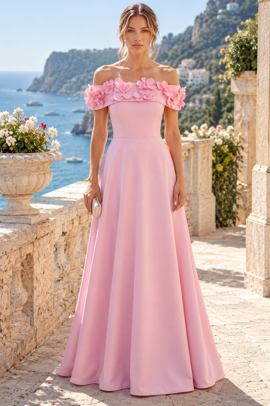 Pink A Line Off Shoulder Floral Floor Evening Dresses
