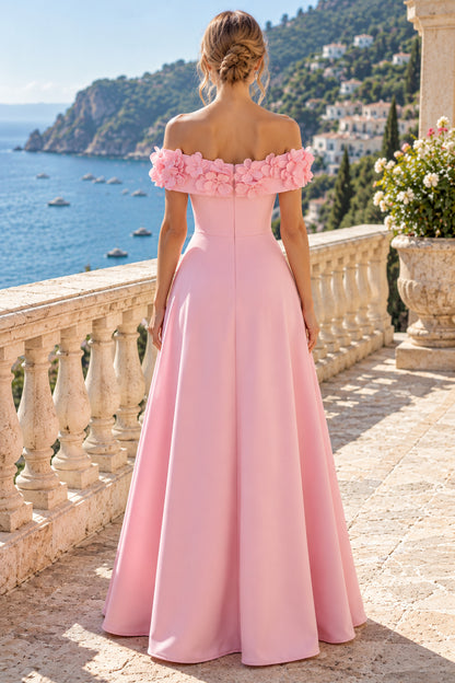 Pink A Line Off Shoulder Floral Floor Evening Dresses
