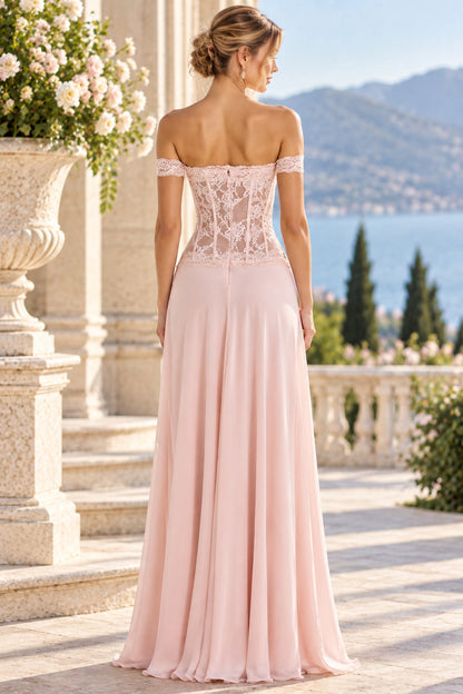 Pink A Line Off Shoulder Lace Corset Chiffon Evening Dresses