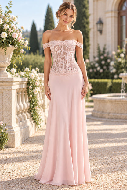 Pink A Line Off Shoulder Lace Corset Chiffon Evening Dresses