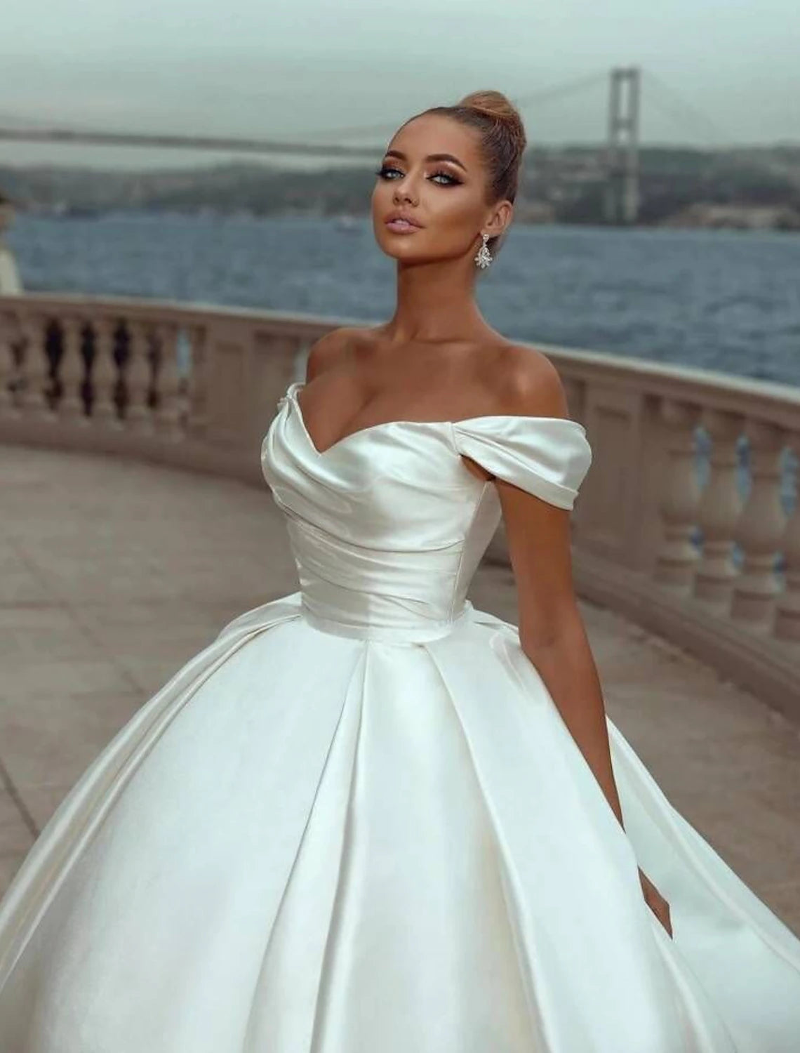 Engagement Formal Wedding Dresses Ball Gown Off Shoulder Cap Sleeve Court Train Satin Church Bridal Gowns With Ruched Solid Color Summer Fall Wedding Partyr Summer Fall Wedding Party