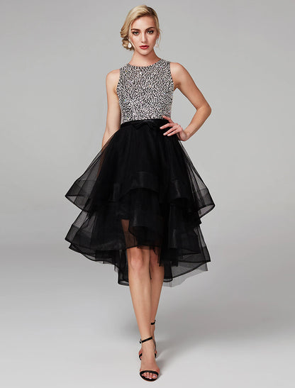 Ball Gown Cute Dress Homecoming Knee Length Sleeveless Jewel Neck Wednesday Addams Family Satin with Beading Cascading Ruffles