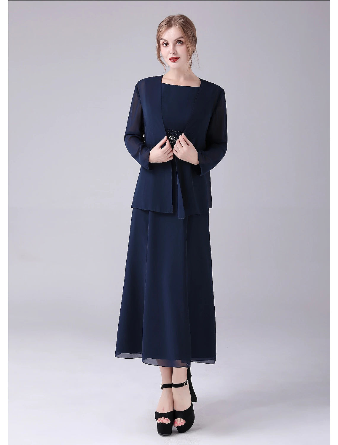 A-Line Mother of the Bride Dress Elegant Sweet Jewel Neck Ankle Length Chiffon Sleeveless with Beading