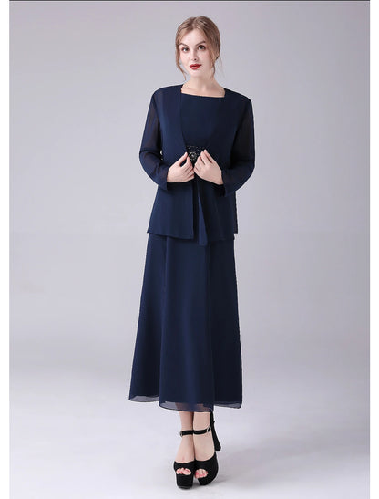 A-Line Mother of the Bride Dress Elegant Sweet Jewel Neck Ankle Length Chiffon Sleeveless with Beading