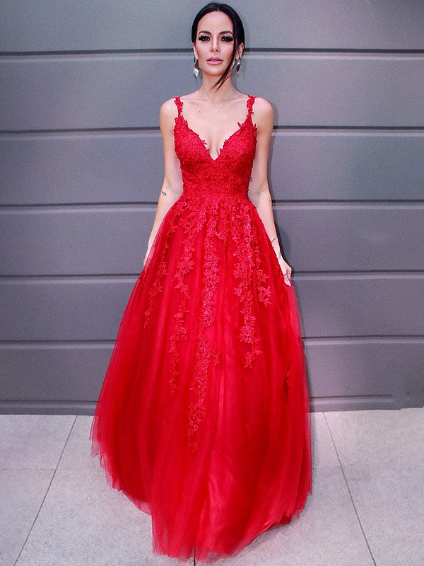 A-Line/Princess Tulle V-neck Floor-Length Applique Sleeveless Dresses