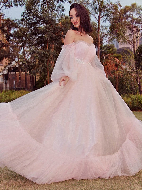 A-Line/Princess Long Sleeves Floor-Length Tulle Applique Off-the-Shoulder Dresses